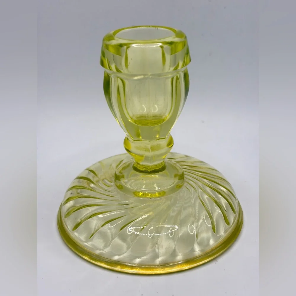 Vintage Vaseline Uranium Optic Twist Glass Candlestick Candle Holder Collectible